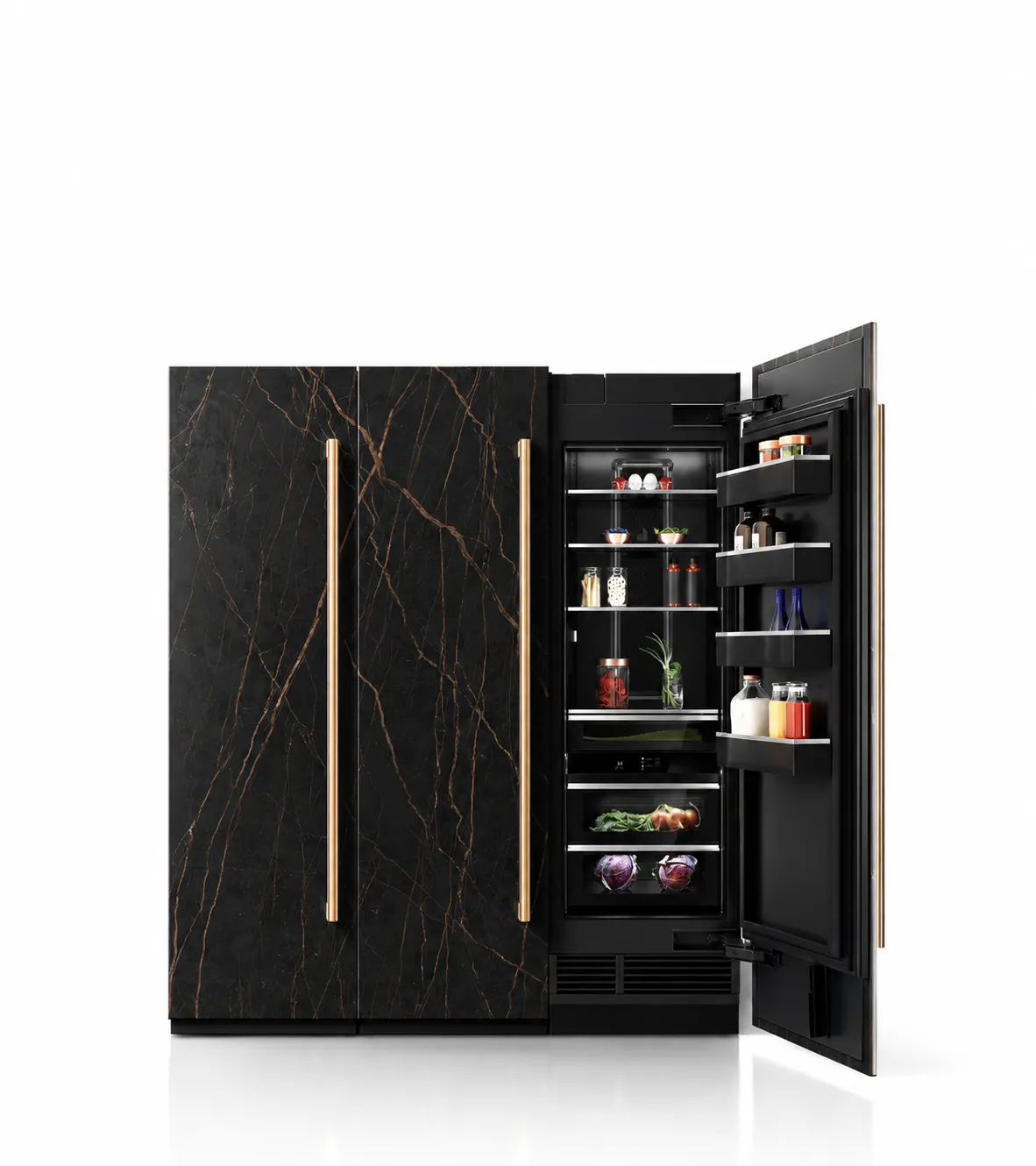 Premium refrigeration products displayed in a graphite-toned retail presentation.