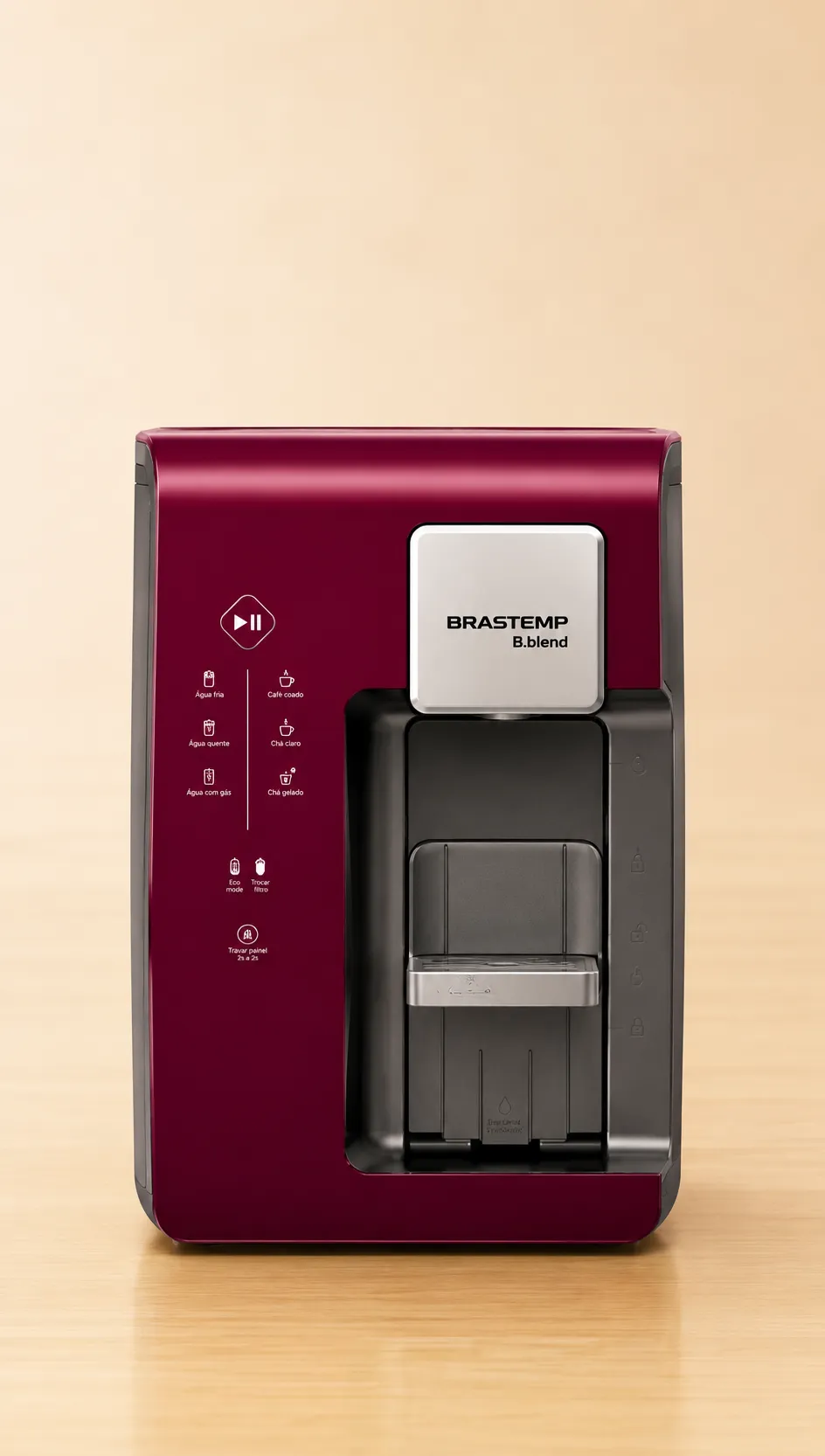 Premium beverage and water appliance displayed in a graphite-toned product presentation.
